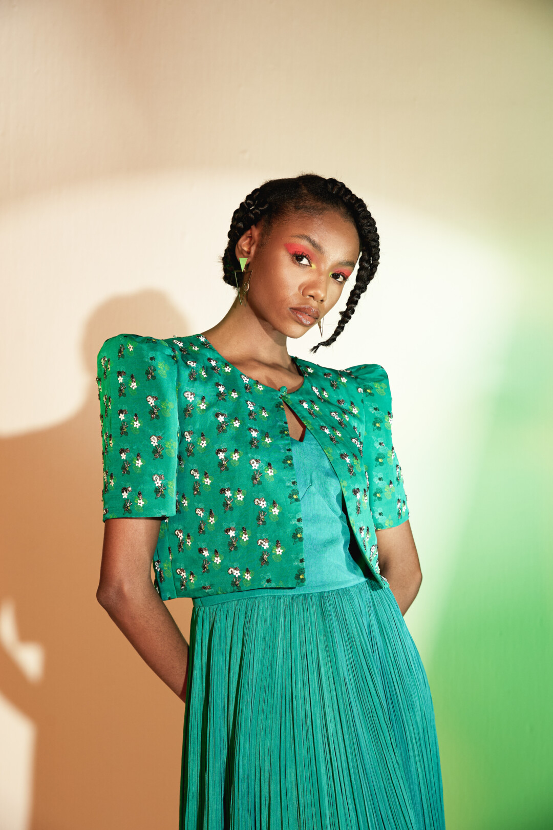 Teal Dress and Printed Jacket Style