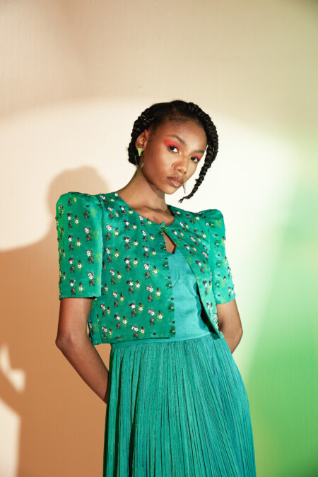 Teal Dress and Printed Jacket Style